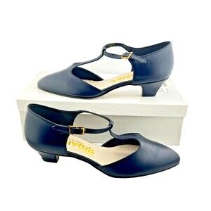Vtg NOS Daisy Women's 7.5 Navy Blue Pumps T-Strap Kitten Heels Strappy Career
